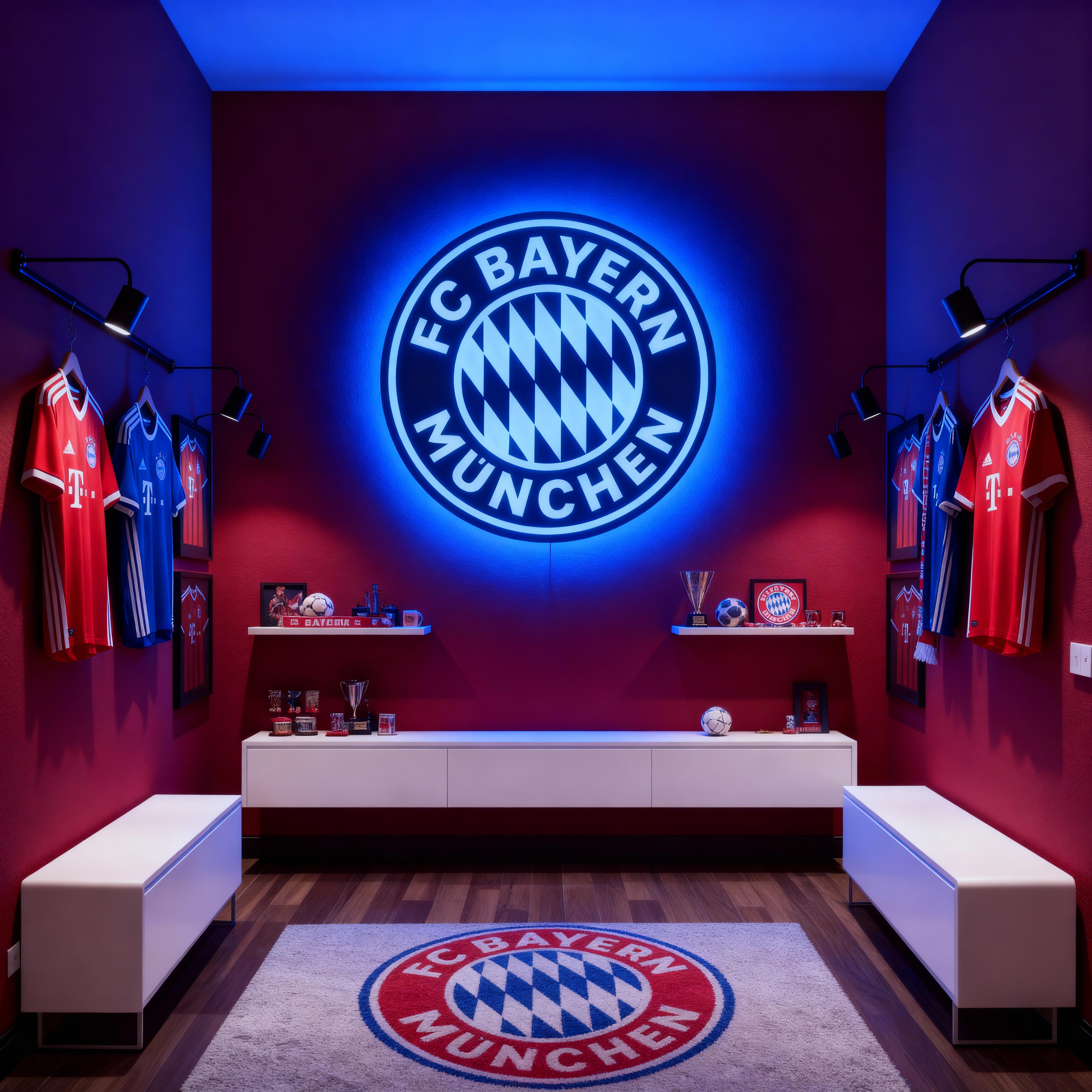 Room with FC Bayern Munich logo and jerseys on a red wall.