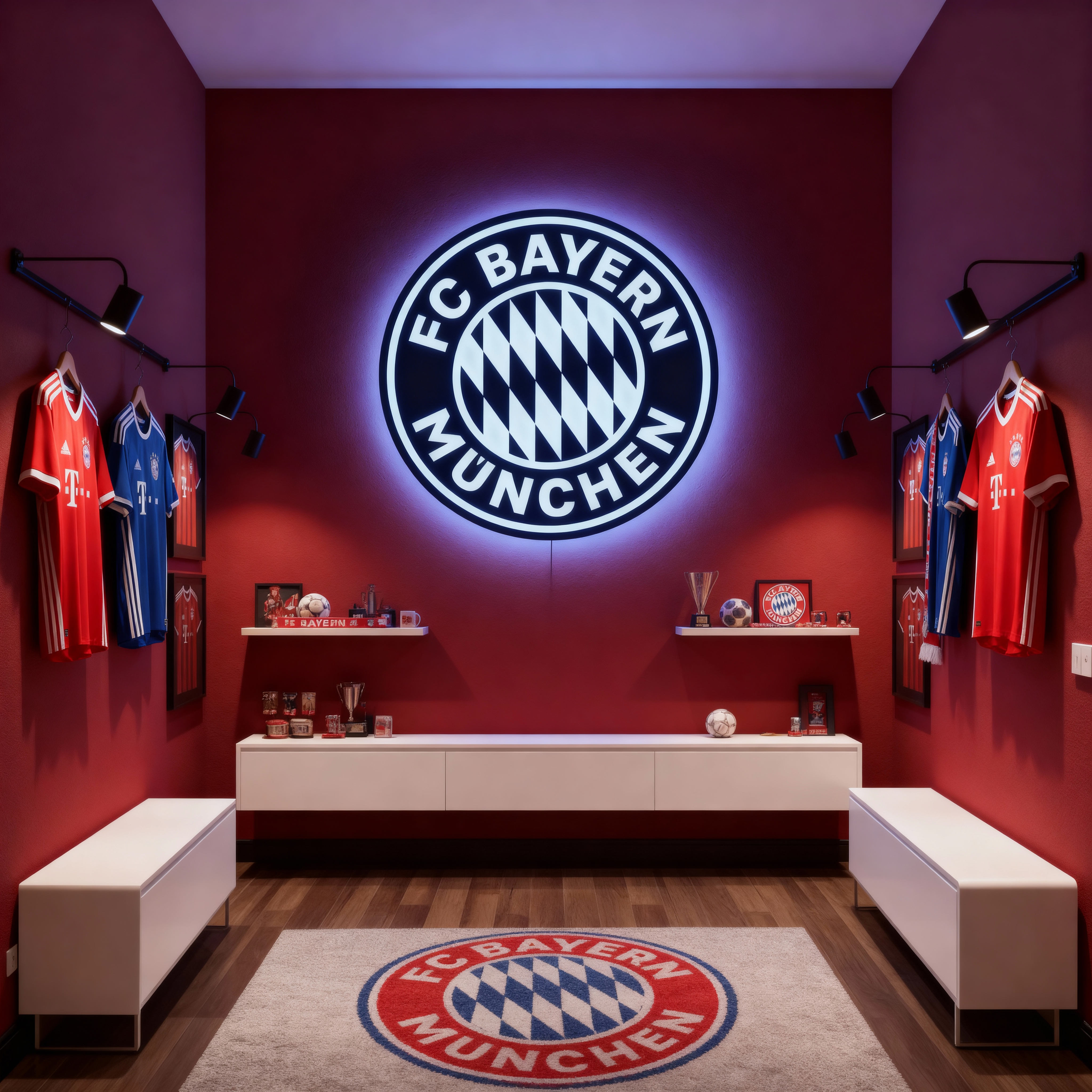 Room with FC Bayern Munich logo and jerseys on a red wall