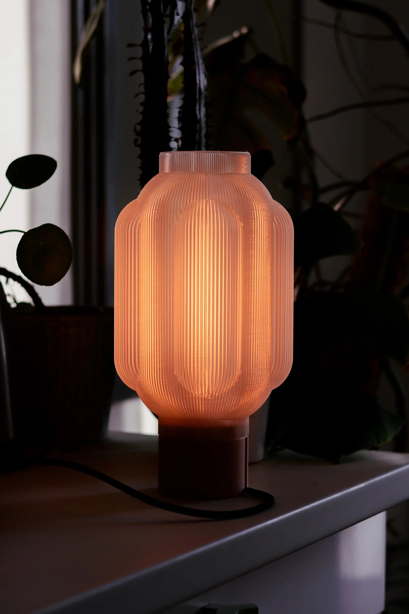 Table lamp with a textured glass shade on a dark surface, surrounded by plants.