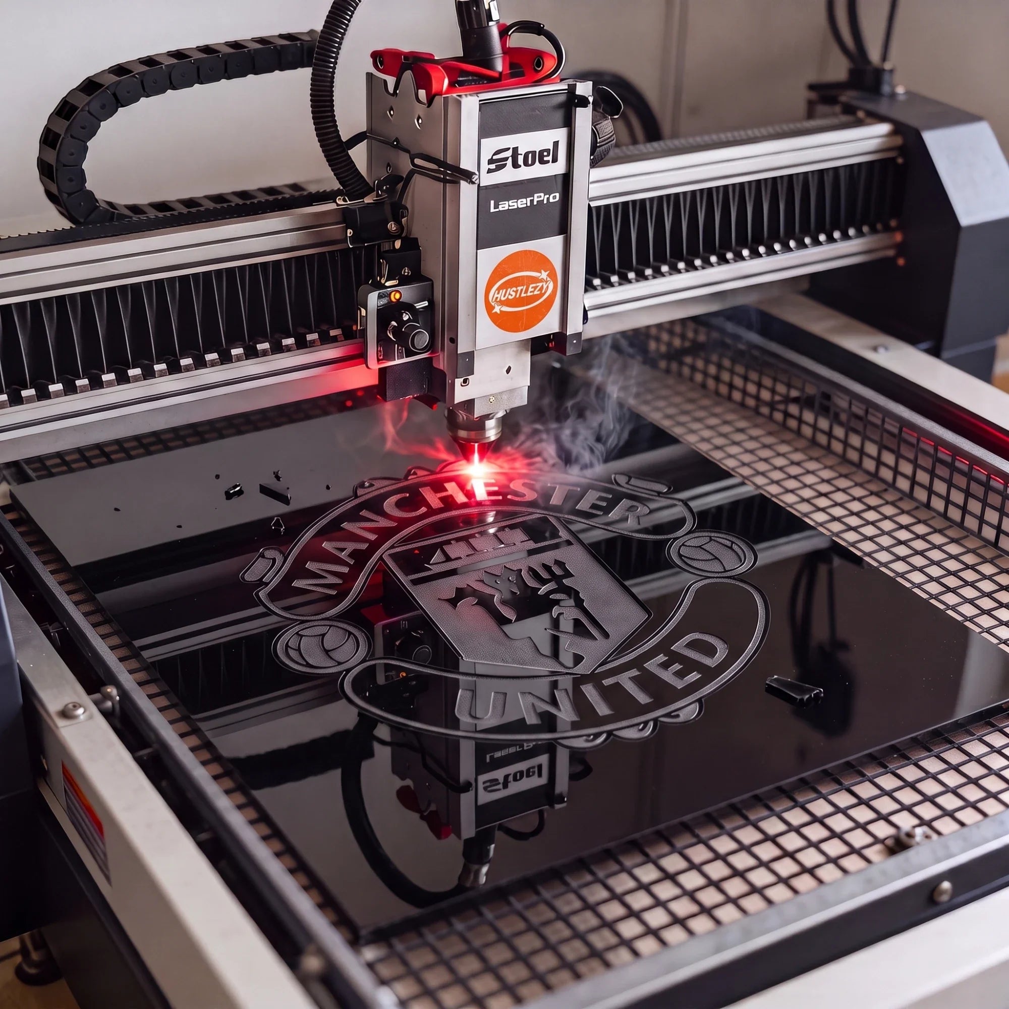Hustlezy laser engraving a club crest into black MDF